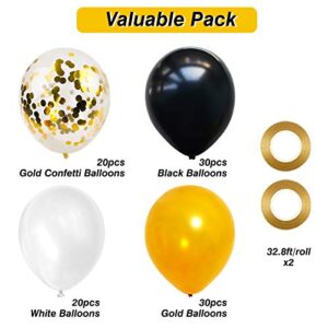 RUBFAC 100pcs Black Gold White Balloons, 12 Inches Latex Black Gold White and Confetti Balloons with Ribbons for Graduation Birthday Party Baby Shower Decorations