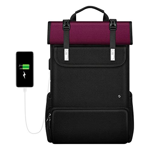 Expandable Roll Top Laptop Backpack, FINPAC Anti-Theft Daypack for Travel Work (Burgundy)