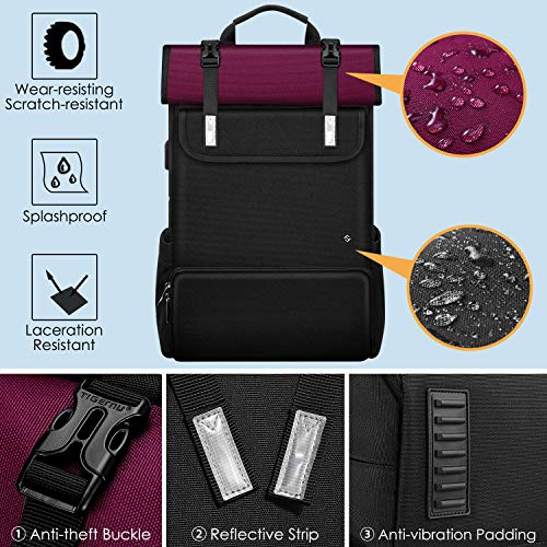 Expandable Roll Top Laptop Backpack, FINPAC Anti-Theft Daypack for Travel Work (Burgundy)