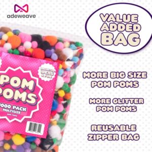 Adeweave 1000 Assorted Craft pom poms – Multicolor Bulk pom poms Arts and Crafts, Pompoms for Crafts in Assorted Size- Soft and Fluffy Puff Balls, Large Colored Cotton Balls for Home and School