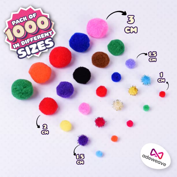 Adeweave 1000 Assorted Craft pom poms – Multicolor Bulk pom poms Arts and Crafts, Pompoms for Crafts in Assorted Size- Soft and Fluffy Puff Balls, Large Colored Cotton Balls for Home and School