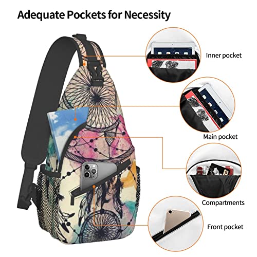 Men & Women Sling Backpack Outdoor Sport Daypack Travel Bag - Multipurpose Anti-Theft Carry On Bag, Breathable Chest Sling Shoulder Backpacks Bags, Vintage Dreamcatcher Art