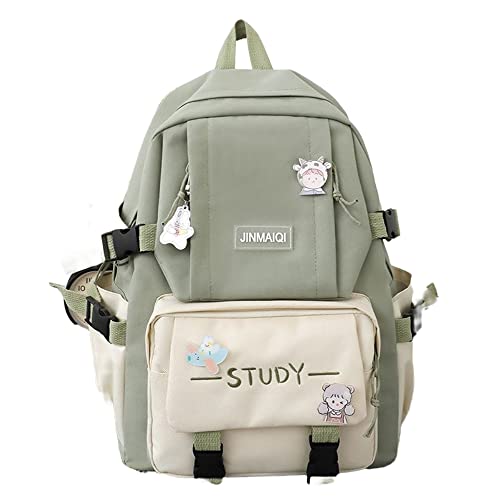 Aesthetic Kawaii Back To School Large Capacity 14 Inch Laptop Backpack For Teen Girls Women With Free Pendant Plaid School (Green)