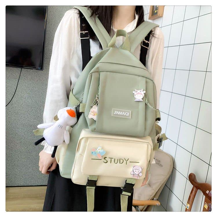 Aesthetic Kawaii Back To School Large Capacity 14 Inch Laptop Backpack For Teen Girls Women With Free Pendant Plaid School (Green)