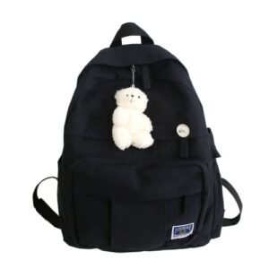 rrrwei simple backpack cute backpack kawaii backpack pins plush bear pendant school backpack solid color backpack teen girls (black)