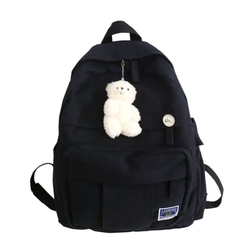 RRRWEI simple backpack cute backpack kawaii backpack pins plush bear pendant school backpack solid color backpack teen girls (BLACK)