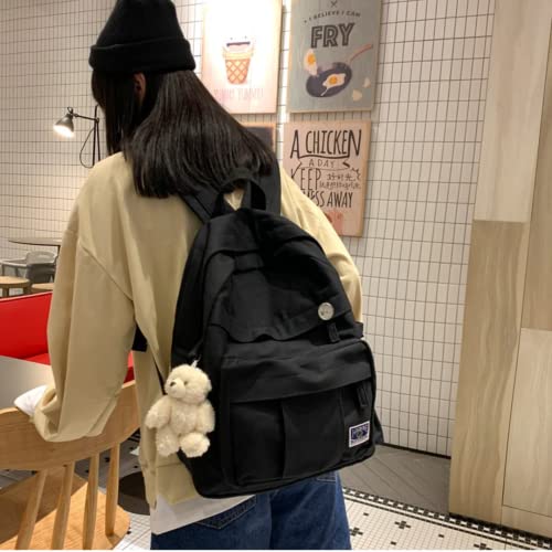 RRRWEI simple backpack cute backpack kawaii backpack pins plush bear pendant school backpack solid color backpack teen girls (BLACK)