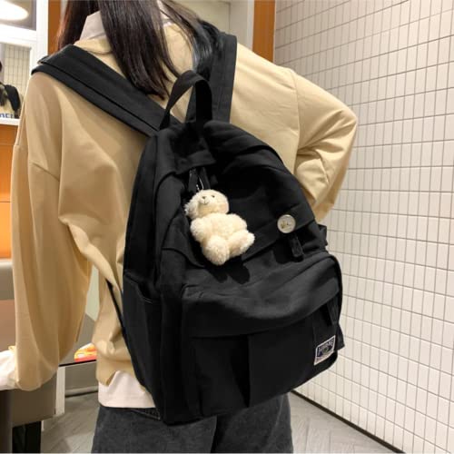 RRRWEI simple backpack cute backpack kawaii backpack pins plush bear pendant school backpack solid color backpack teen girls (BLACK)