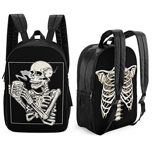 Skeleton Drinking Coffee Reversible Backpack Large Bookbag Double Sided Prints Travel Backpack Adult Unisex Casual Laptop Daypack School Backpack for Men Women College Students, 17 Inch, Black