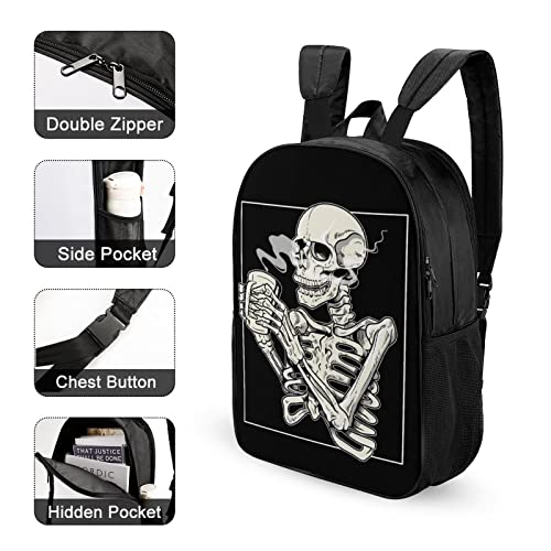 Skeleton Drinking Coffee Reversible Backpack Large Bookbag Double Sided Prints Travel Backpack Adult Unisex Casual Laptop Daypack School Backpack for Men Women College Students, 17 Inch, Black