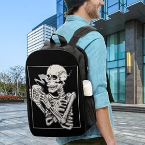 Skeleton Drinking Coffee Reversible Backpack Large Bookbag Double Sided Prints Travel Backpack Adult Unisex Casual Laptop Daypack School Backpack for Men Women College Students, 17 Inch, Black