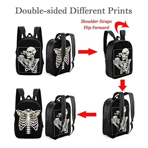 Skeleton Drinking Coffee Reversible Backpack Large Bookbag Double Sided Prints Travel Backpack Adult Unisex Casual Laptop Daypack School Backpack for Men Women College Students, 17 Inch, Black