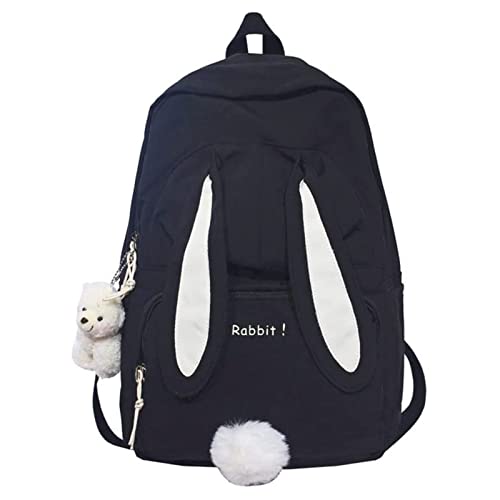 AQWEI 3D Kawaii Bunny Ear Backpack with Cute Bear Pendant for Girl School Bag Travel Backpack (Black)