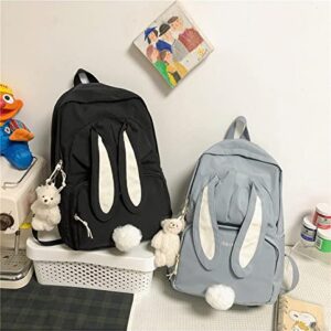 AQWEI 3D Kawaii Bunny Ear Backpack with Cute Bear Pendant for Girl School Bag Travel Backpack (Black)