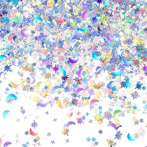 60 g/ 2.1 oz holographic star and moon table confetti iridescent metallic glitter foil confetti sequin star moon scatter for halloween birthday wedding festival party diy (10 mm, 6 mm, silver)