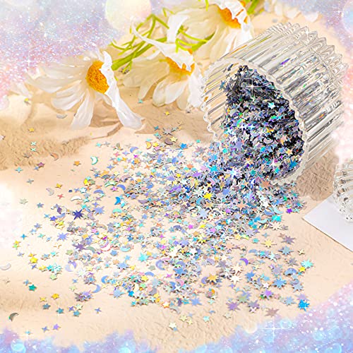 60 g/ 2.1 oz Holographic Star and Moon Table Confetti Iridescent Metallic Glitter Foil Confetti Sequin Star Moon Scatter for Halloween Birthday Wedding Festival Party DIY (10 mm, 6 mm, Silver)