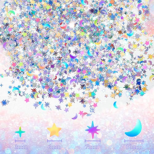 60 g/ 2.1 oz Holographic Star and Moon Table Confetti Iridescent Metallic Glitter Foil Confetti Sequin Star Moon Scatter for Halloween Birthday Wedding Festival Party DIY (10 mm, 6 mm, Silver)