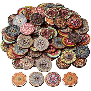 100 pcs mixed color wood buttons, eubags 1 inch natural round shapes retro buttons, vintage buttons with 2 holes for diy sewing crafts