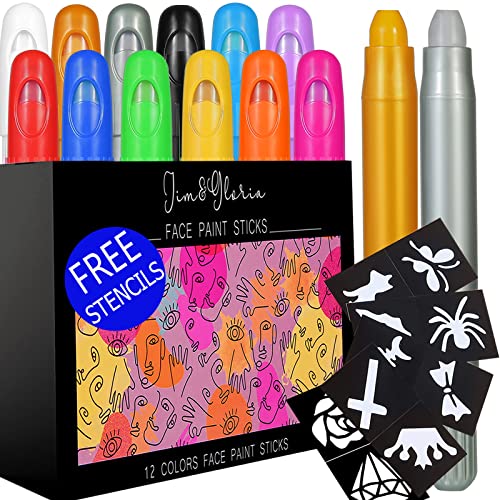 Jim&Gloria Face Paint Kit With Gold And Silver 12 Colors Large Washable Face & Body Painting Crayons with Stencils Kids Toddlers and Adults Gifts Crafts For Christmas Stocking Stuffers Safe For Sensitive Skin