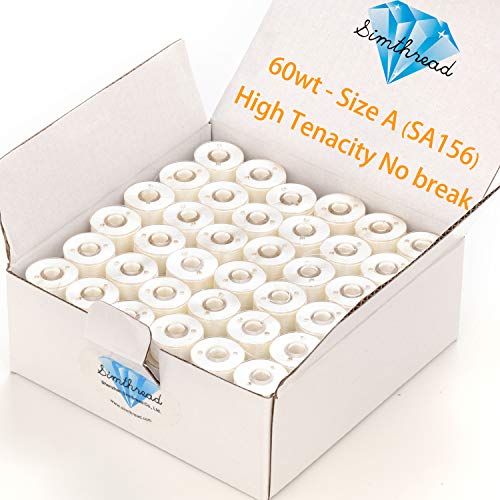 Simthread 144pcs Embroidery Pre-Wound Bobbins Thread, Class 15 Type A Size SA156, Polyester White 60 wt, Bernina Pfaff Ambition BabyLock Brother Embroidery and Sewing Machines Plastic Side