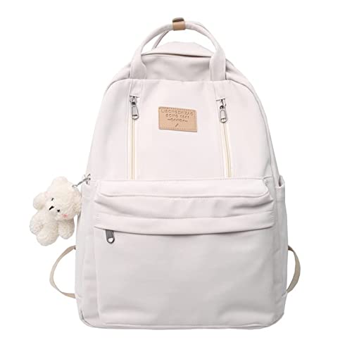 Braised Pork Preppy Backpack Kawaii Backpack with Plushies Cute Vintage Backpack for School Girls Light Academia Bookbags Preppy Aesthetic Backpack (White)