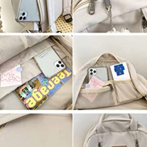 Braised Pork Preppy Backpack Kawaii Backpack with Plushies Cute Vintage Backpack for School Girls Light Academia Bookbags Preppy Aesthetic Backpack (White)