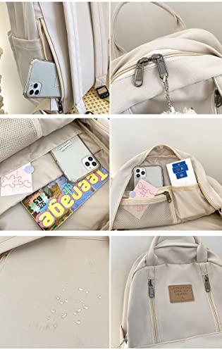 Braised Pork Preppy Backpack Kawaii Backpack with Plushies Cute Vintage Backpack for School Girls Light Academia Bookbags Preppy Aesthetic Backpack (White)