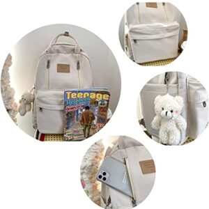 Braised Pork Preppy Backpack Kawaii Backpack with Plushies Cute Vintage Backpack for School Girls Light Academia Bookbags Preppy Aesthetic Backpack (White)