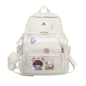 hiquay kawaii backpack for girls with bear pendant and cute pins backpack for teens girls for high school casual daypack – beige