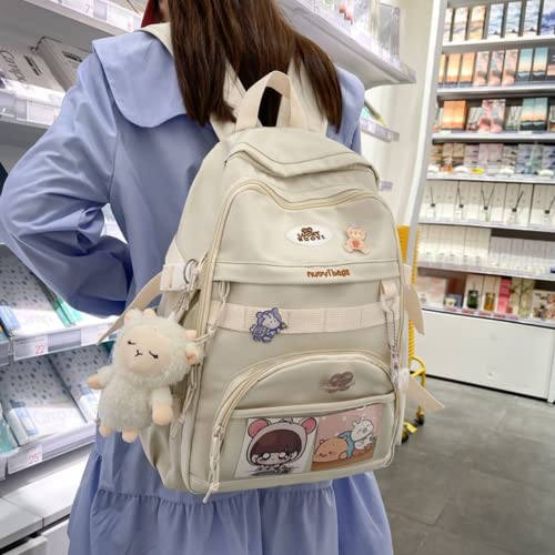 HIQUAY Kawaii Backpack for Girls with Bear Pendant and Cute Pins Backpack for Teens Girls for High School Casual Daypack - Beige