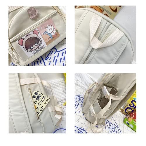 HIQUAY Kawaii Backpack for Girls with Bear Pendant and Cute Pins Backpack for Teens Girls for High School Casual Daypack - Beige