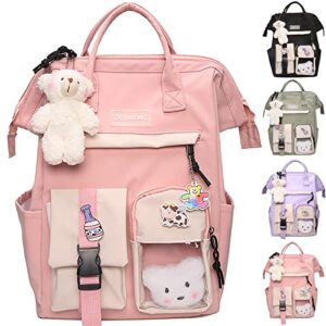 lelebear kawaii backpack with kawaii pin and accessories, cute kawaii backpack for school with plush pendant, for girls travel laptop backpack (pink)