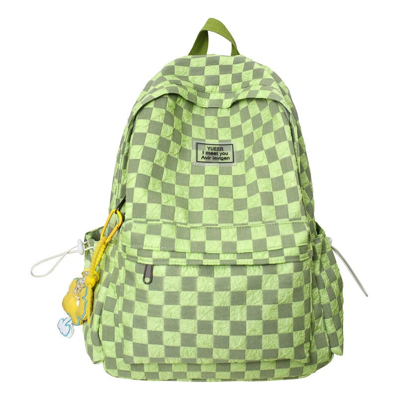 Kawaii Backpack with Cute Duck Pendant, Aesthetic Checkered School Bags BookBag Japanese Ita Bag Daypack (Green), One Size