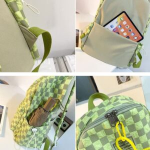 Kawaii Backpack with Cute Duck Pendant, Aesthetic Checkered School Bags BookBag Japanese Ita Bag Daypack (Green), One Size