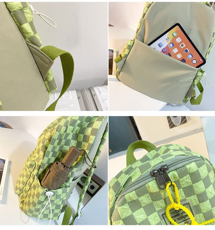 Kawaii Backpack with Cute Duck Pendant, Aesthetic Checkered School Bags BookBag Japanese Ita Bag Daypack (Green), One Size