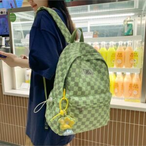 Kawaii Backpack with Cute Duck Pendant, Aesthetic Checkered School Bags BookBag Japanese Ita Bag Daypack (Green), One Size