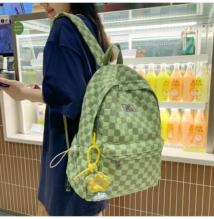 Kawaii Backpack with Cute Duck Pendant, Aesthetic Checkered School Bags BookBag Japanese Ita Bag Daypack (Green), One Size