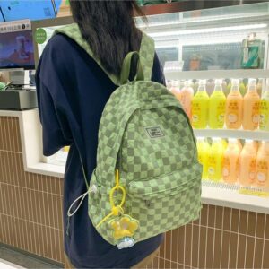 Kawaii Backpack with Cute Duck Pendant, Aesthetic Checkered School Bags BookBag Japanese Ita Bag Daypack (Green), One Size