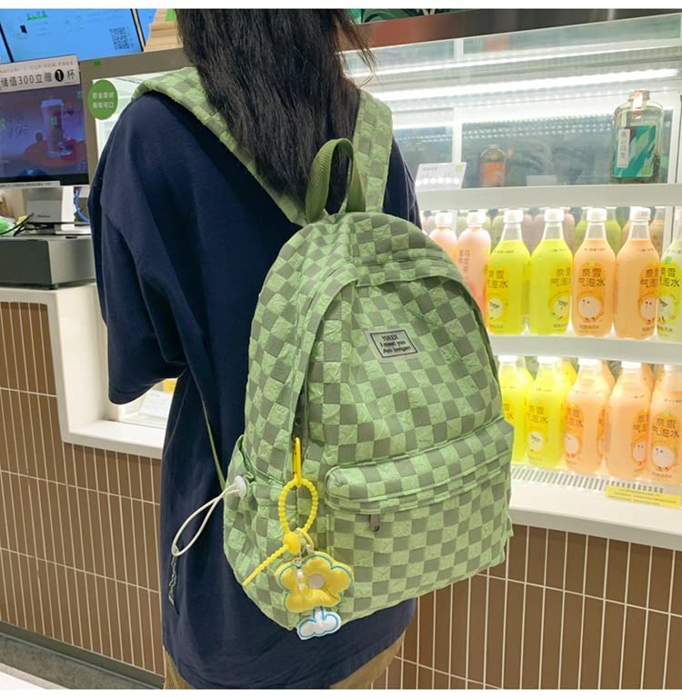 Kawaii Backpack with Cute Duck Pendant, Aesthetic Checkered School Bags BookBag Japanese Ita Bag Daypack (Green), One Size