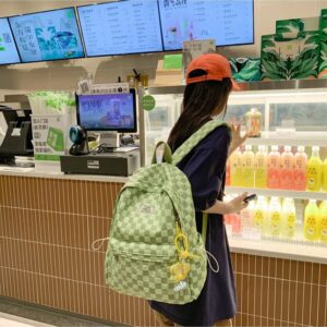 Kawaii Backpack with Cute Duck Pendant, Aesthetic Checkered School Bags BookBag Japanese Ita Bag Daypack (Green), One Size