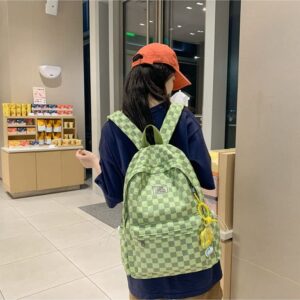 Kawaii Backpack with Cute Duck Pendant, Aesthetic Checkered School Bags BookBag Japanese Ita Bag Daypack (Green), One Size