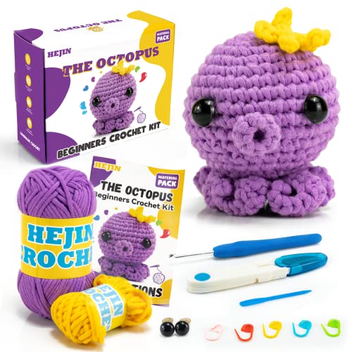 HEJIN Crochet Kit for Beginners, Beginner Crochet Kit for Adults Kids, Octopus Crochet Animal Kit Include Videos Tutorials, Yarn, Eyes, Stuffing, Crochet Hook- Boys and Girls Birthdays Gift