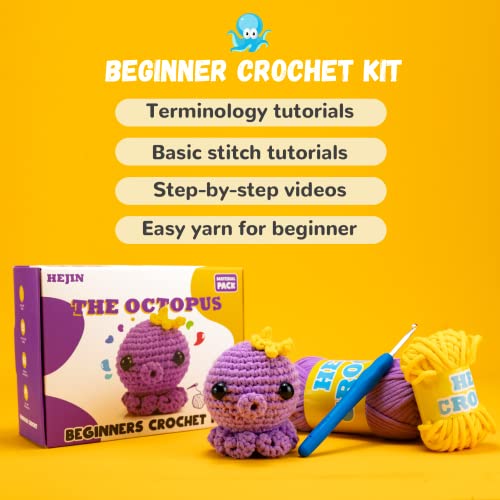 HEJIN Crochet Kit for Beginners, Beginner Crochet Kit for Adults Kids, Octopus Crochet Animal Kit Include Videos Tutorials, Yarn, Eyes, Stuffing, Crochet Hook- Boys and Girls Birthdays Gift