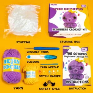 HEJIN Crochet Kit for Beginners, Beginner Crochet Kit for Adults Kids, Octopus Crochet Animal Kit Include Videos Tutorials, Yarn, Eyes, Stuffing, Crochet Hook- Boys and Girls Birthdays Gift