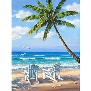 5d diamond painting beach art kits for adult,ocean beach blue sky,rhinestone full round diamond drill,gem art craft home game for adult,wall painting kit 15.7×11.8 inch