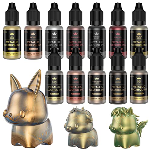 Metallic Alcohol Ink Set - 12 Metal Color Alcohol-Based Resin Inks, High Concentrated Extreme Shimmer with Gemstone Mixatives for Epoxy Resin Petri Yupo Tumbler Cups Fluid Art Painting (15ml/.5 fl oz)