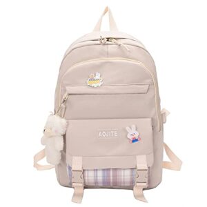 kawaii school backpack for teen girls aesthetic cute adorable back to school with cute pin and bear accessories(off-white)