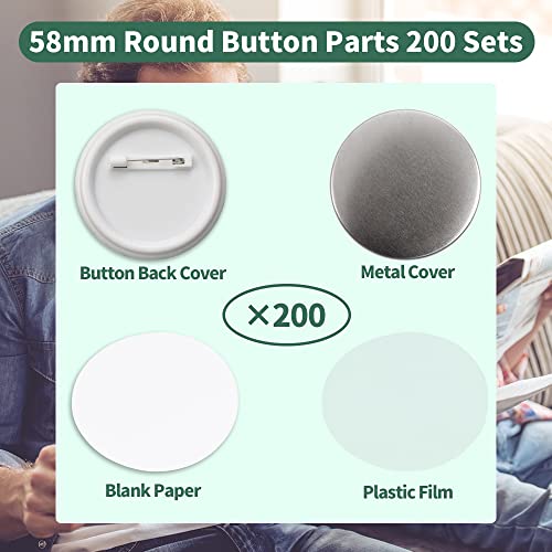 Mostme 200 Sets 58mm/2.25 inch Button Supplies Button Parts for Button Maker Machine 58mm, Round Badge Blank Button Pins, Includes Plastic Button Pin Back Cover, Metal Cover, Clear Film&Blank Paper