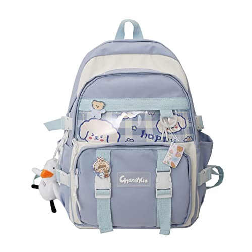 Kawaii Backpack with Cute Duck Plush, Aesthetic Student School Bags BookBag School Supplies Daypack Bag Rucksack (Blue), One Size