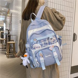 Kawaii Backpack with Cute Duck Plush, Aesthetic Student School Bags BookBag School Supplies Daypack Bag Rucksack (Blue), One Size